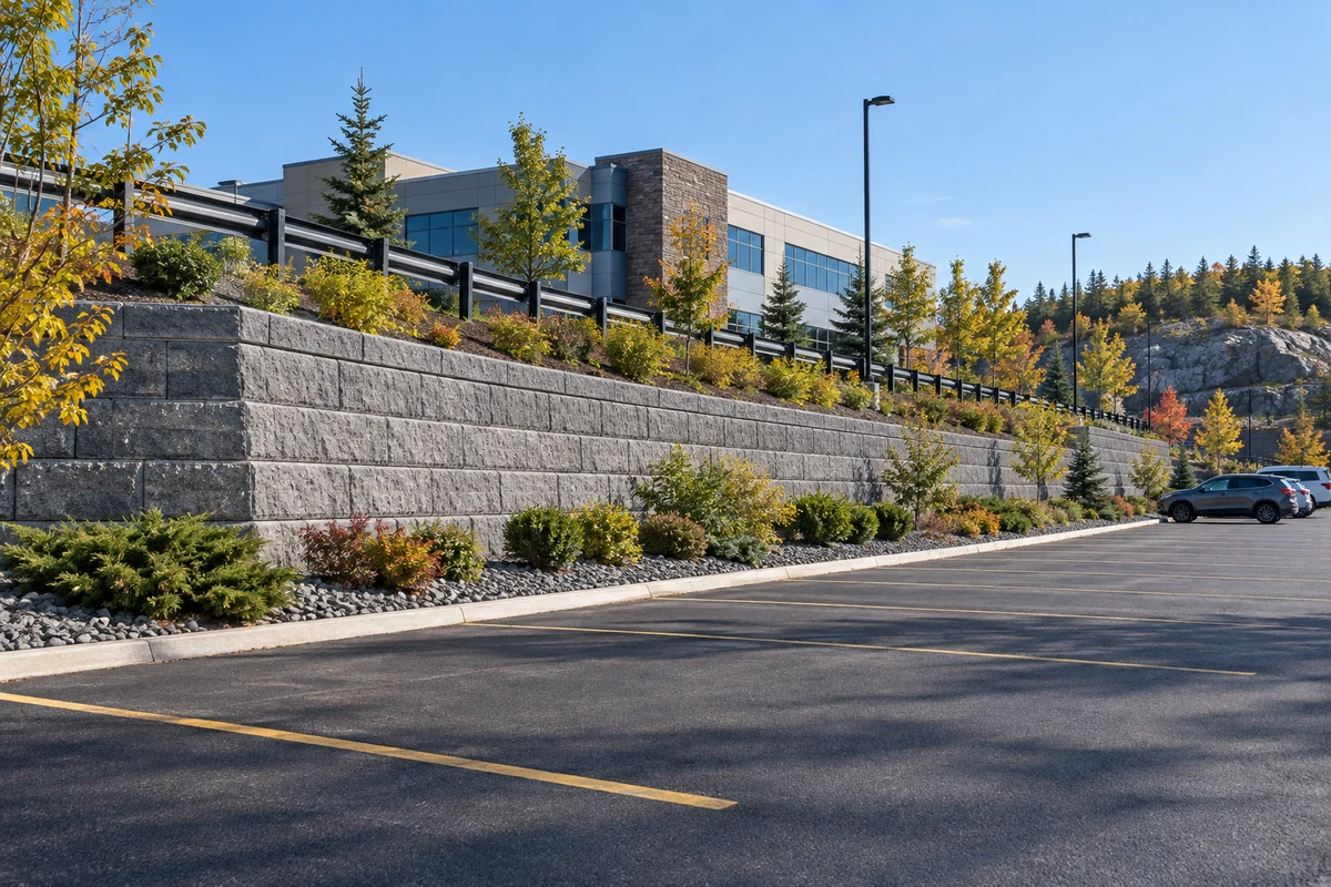 Long block retaining wall beside a commercial parking area — illustrative North Bay-area project concept