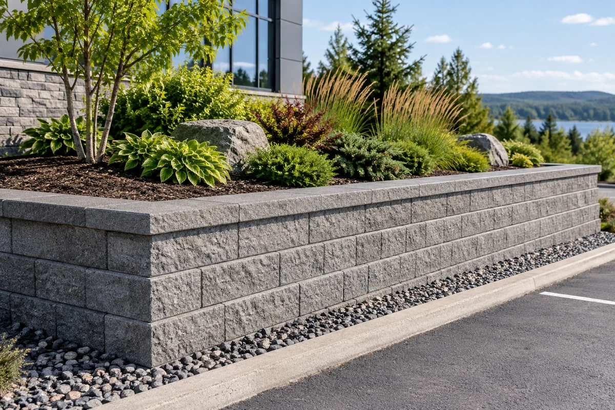 Straight grey segmental block wall with planted upper ground — illustrative North Bay-area project concept