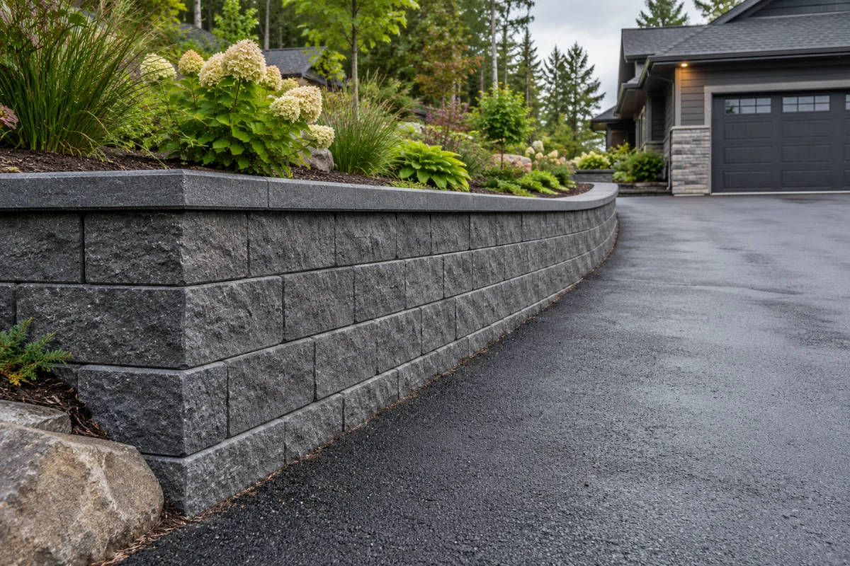 Curved block retaining wall beside a residential driveway — illustrative North Bay-area project concept