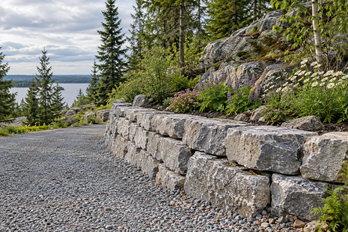Stone retaining edge supporting a planted bank above a gravel route — illustrative North Bay-area project concept